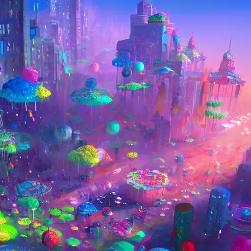 Image similar to a utopian city, filled with extremely colorful fauna, with bubbles floating around everywhere, dynamic lighting, fantasy concept art, trending on art station, stunning visuals, creative, cinematic, ultra detailed