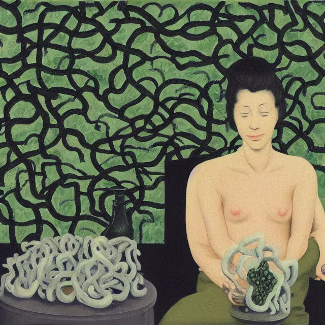 Prompt: a pathology student in her apartment, wrapped in vines, large stones, pig, black walls, ikebana, black armchair, puddles, moss, acrylic on canvas, surrealist, by magritte and monet