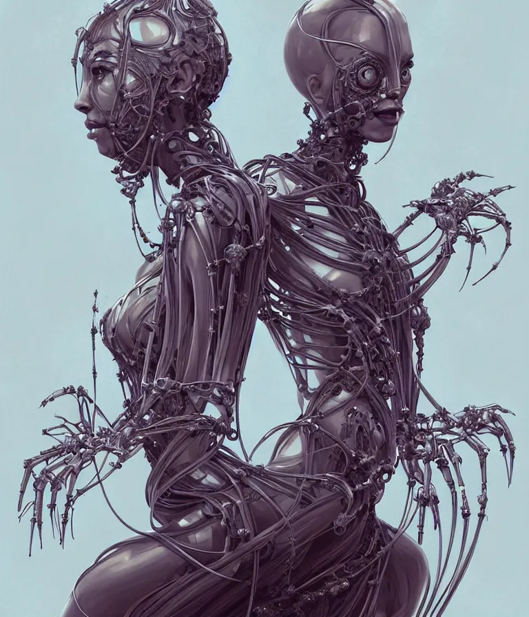 Image similar to fully symmetrical centered portrait of a beautiful princess in robe. artificial muscles, ribcage, bones, hard surface modelling. cyberpunk look. biomechanical mask. bio luminescent biomechanical halo around head. jellyfish. artwork by jarold Sng by artgerm, by Eddie Mendoza, by Peter mohrbacher by tooth wu by alfons mucha, unreal engine, octane render, cinematic light, iridescent details, iridescent colors, dichroic, macro, depth of field, blur