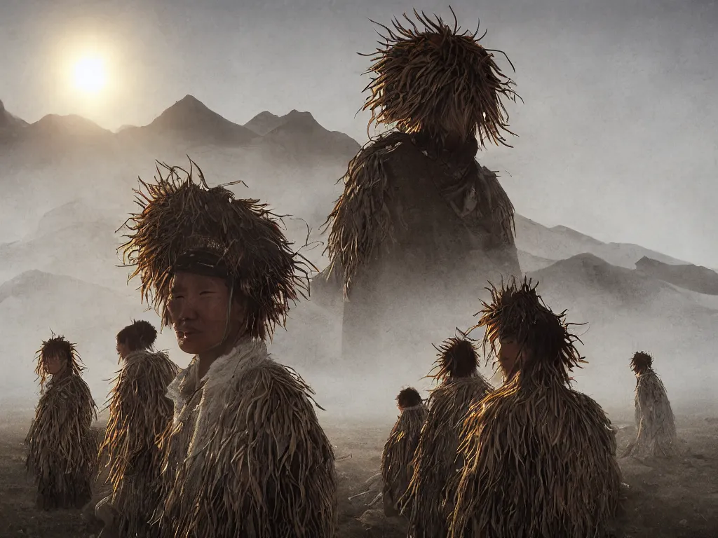 Image similar to a portrait of the mighty helianthus people, a nomadic mongolian tribe that worship the sunlight in a vast barren valley full of sunflowers that are withered dry, with glaciers peaking through fog in the distance, by Greg Rutkowski, Sung Choi, Mitchell Mohrhauser, Maciej Kuciara, Johnson Ting, Maxim Verehin, Peter Konig, Bloodborne, macro lens, 35mm, 8k photorealistic, cinematic lighting, HD, high details, atmospheric