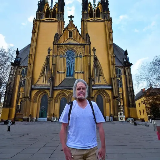 Image similar to a golden statue of bach standing infront of a german cathedral.