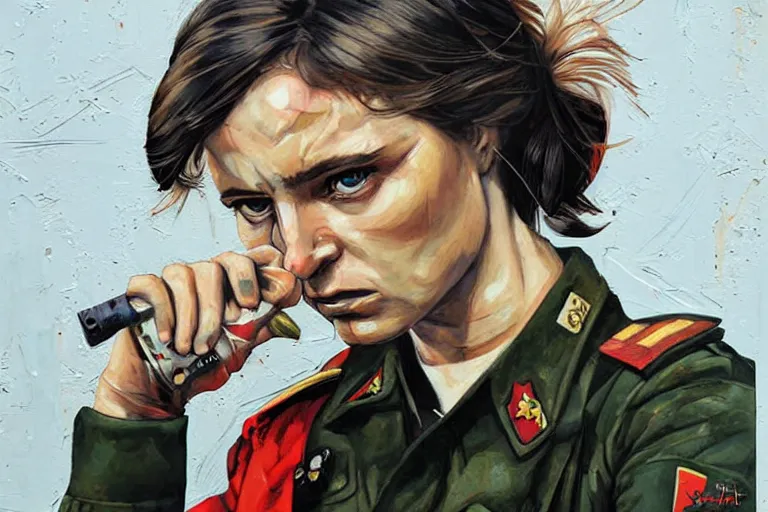 Image similar to a sad female soviet soldier, art by Sandra Chevrier