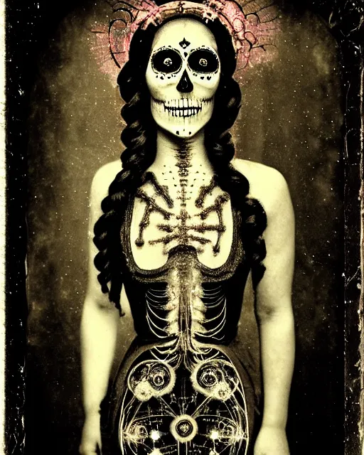 Image similar to tintype virgin mary in dia de muertos dress and makeup high quality photo, microchip, artificial intelligence, bio - mechanical bio - luminescence, black wired cables, neurons, nerve cells, cinematic, rim light, photo - realistic, high detail, 8 k, masterpiece, high fashion, in the style of steven meisel dora maar h. r. giger