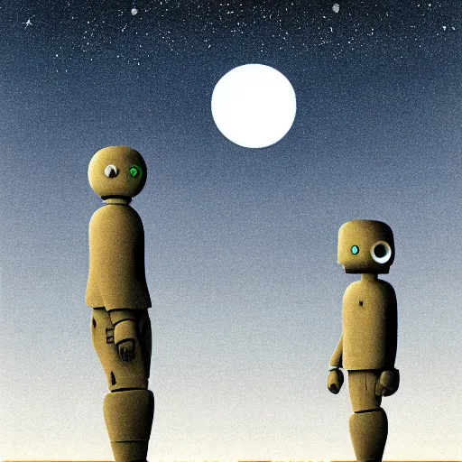 Prompt: illustration of two robots holding hands on a summit, standing, looking out toward a full moon on a starry night, beautiful, muted colors, in the style of hirohiko araki, zdzisław beksinski, atey ghailan