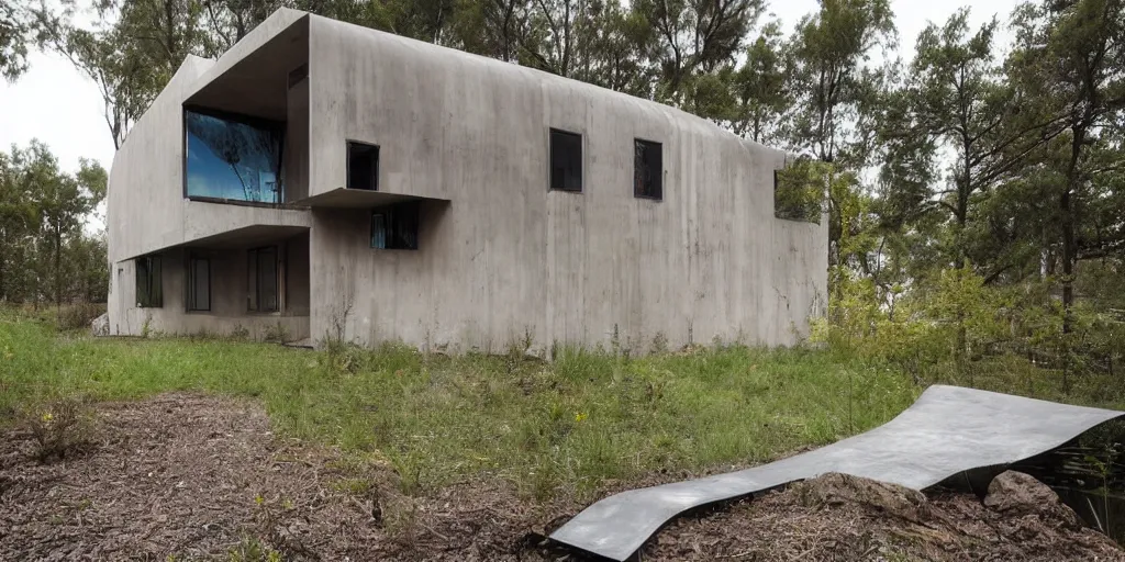 Prompt: modern residence made of corrugated steel pipes