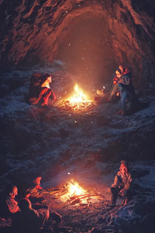 Prompt: A beuatiful women trying to stay warm with a campfire in an icy cave by Greg Rutkowski, beeple, Sung Choi, Mitchell Mohrhauser, Maciej Kuciara, Johnson Ting, Maxim Verehin, Peter Konig, final fantasy, macro lens, 35mm, 8k photorealistic, cinematic lighting, HD, high details, dramatic, dark atmosphere, trending on artstation