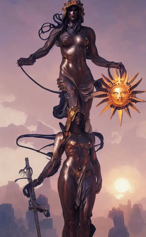 Prompt: cyberpunk four armed statue of the goddess of the sun helios descending from olympus, artstation, concept art, smooth, sharp focus, illustration, art by artgerm and greg rutkowski and alphonse mucha and william adolphe bouguereau and john william waterhouse and gianlorenzo bernini