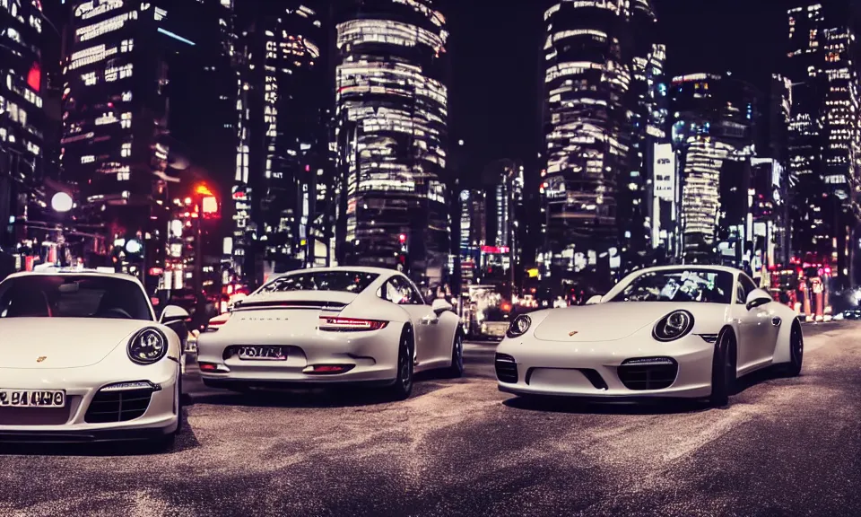 Prompt: photo of two porsche 911 at night driving fast through a city, cinematic, 4k, long exposure photography, tokyo drift, fast and furious, film still, night photography, motion blur, lens flare, movie shot, analog camera