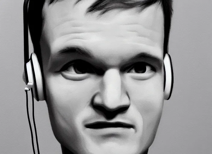 Image similar to vitalik buterin in headphones. vitalik buterin, medium shot, perfect symmetric face, coherent face, coherent eyes, cute, fine details., 4 k, hans zatska, oil paint