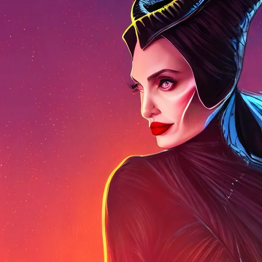 Image similar to portrait of angelina jolie as maleficent, dark forest at nighttime, background, rich vivid colors, ambient lighting, dynamic lighting, 4k, official media, anime key visual, makoto shinkai, ilya kuvshinov, lois van baarle, rossdraws, detailed, trending on artstation