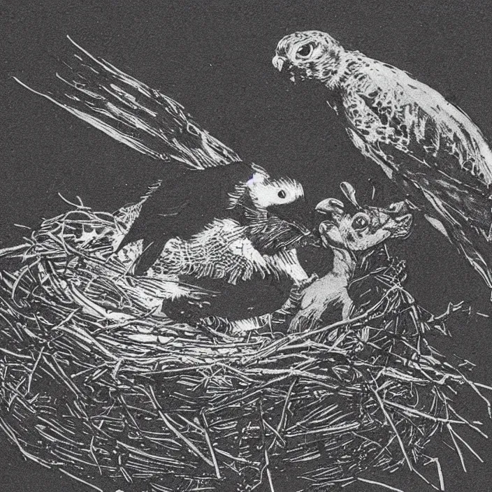 Prompt: close up photo of a bird of prey feeding a rabbit carcass for its offspring in the nest, very dark, grainy, heavy newsprint raster, bad photocopy, bad print