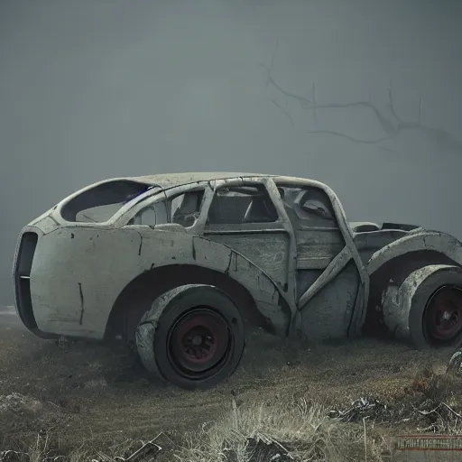 Prompt: emancipation of reality, fallout concept car in a foggy environment, daylight, wastelands