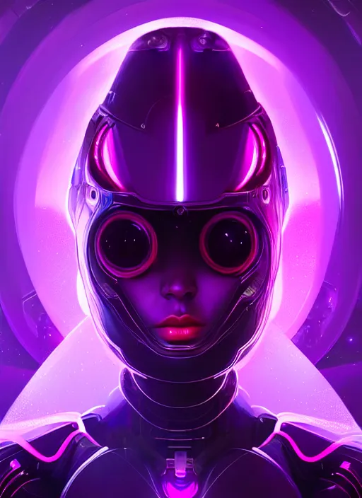 Prompt: portrait of futuristic sci - fi suit lady voidstar, purple, glowing purple energy, intricate, elegant, glowing lights, highly detailed, digital painting, artstation, concept art, smooth, sharp focus, illustration, art by wlop, mars ravelo and greg rutkowski