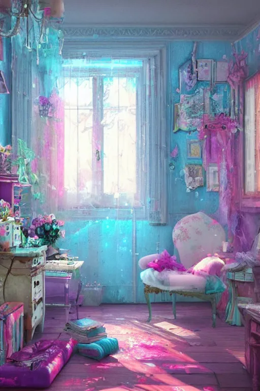 Image similar to hq sharp photo realistic shabby chic room with windows colorful atmospheric, lisa frank, greg rutkowski, artstation behance