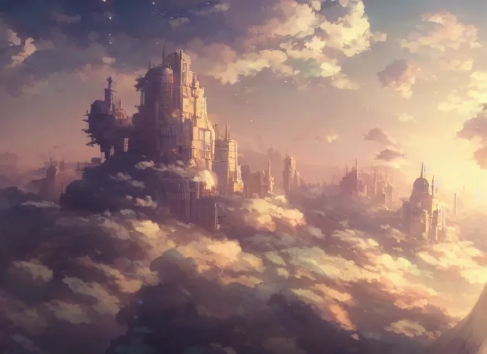 Prompt: floating city on clouds, 8 k, hd, details, fantasy, epic, ancient city, landscape illustration concept art anime key visual trending pixiv fanbox by wlop and greg rutkowski and makoto shinkai and studio ghibli and kyoto animation symmetrical facial features