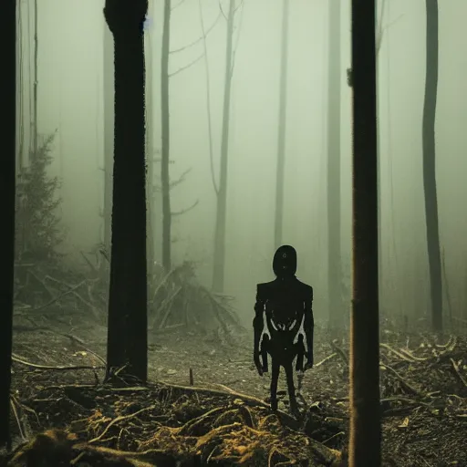 Prompt: dark skeleton, covered in dirt, in the distance, standing in a forest at night with ominous lighting