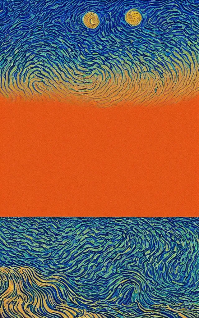 Image similar to a beautiful sunset on a beach, fractal waves. retro minimalist art by jean giraud and van gogh.