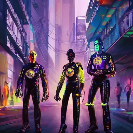 Image similar to stunning award winning hyperrealistic hdr 8 k highly detailed digital painting, trending on artstation of the wiggles cosplaying as cyborgs in futuristic cyberpunk city