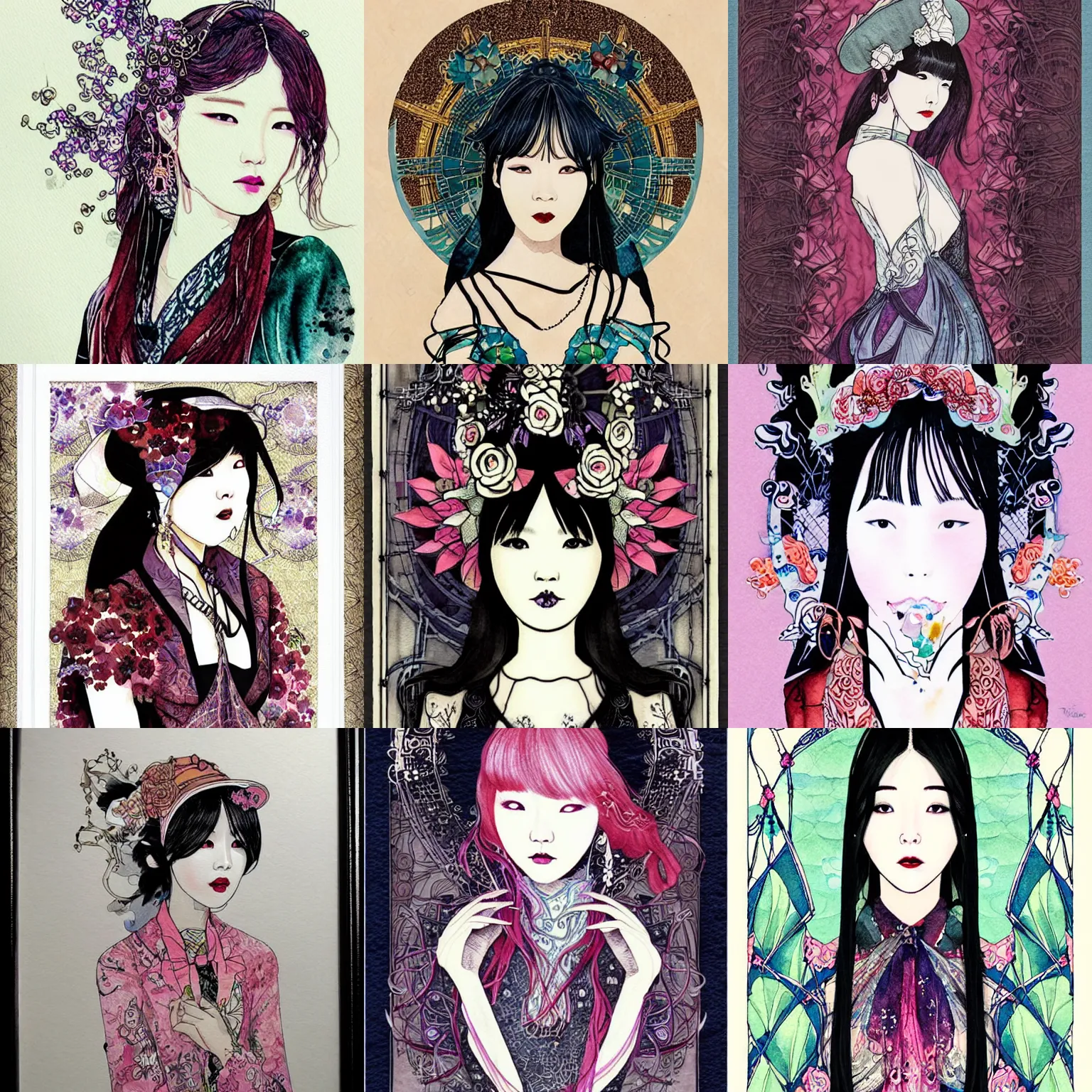 Prompt: korean women's fashion machine witch, intricate watercolor art nouveau portrait by tim doyle