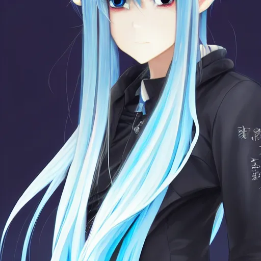 Image similar to full shot of rimuru tempest, sky blue straight hair, long bangs, with amber eyes, wearing a fancy black jacket, high collar, ultra detailed, brush strokes, digital painting, cinematic, wlop artstation, closeup, pixiv, intense, intimidating glare, photorealistic, overpowering, makoto shinkai, rossdraws, andy warhol,