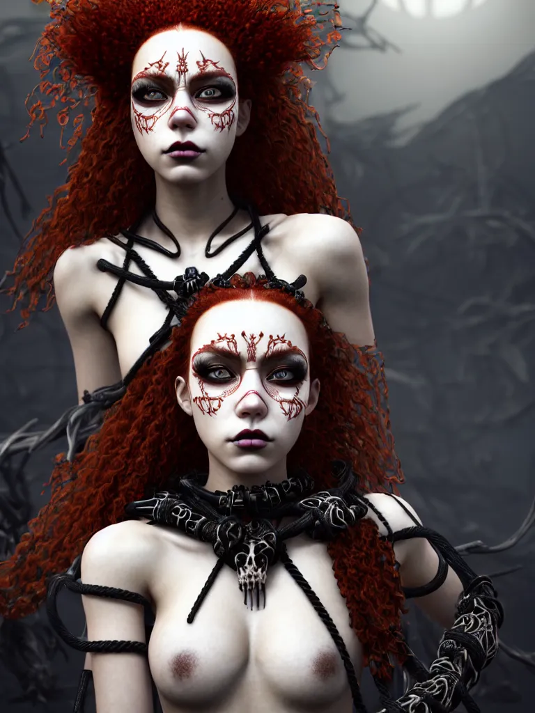 Image similar to a single fierce looking beautiful young woman with curly red hair and symmetrical white makeup, strapped with black rope, wearing an intricate headdress made from bones and leather, painted by makoto shinkai, intricate linework, unreal engine 5 highly rendered, global illumination, radiant light, detailed and intricate environment