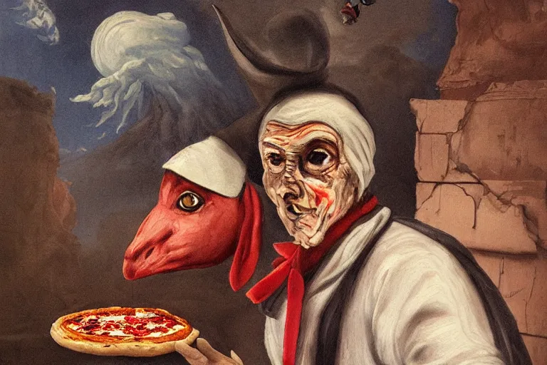 Image similar to a highly detailed portrait of pulcinella!!! from naples with a pizza!!, a burning volcano in the background, an ultrafine detailed painting by achille superbi, dark mood, trending on deviantart, whimsical, lowbrow, coherent, sharp focus, octane, masterpiece
