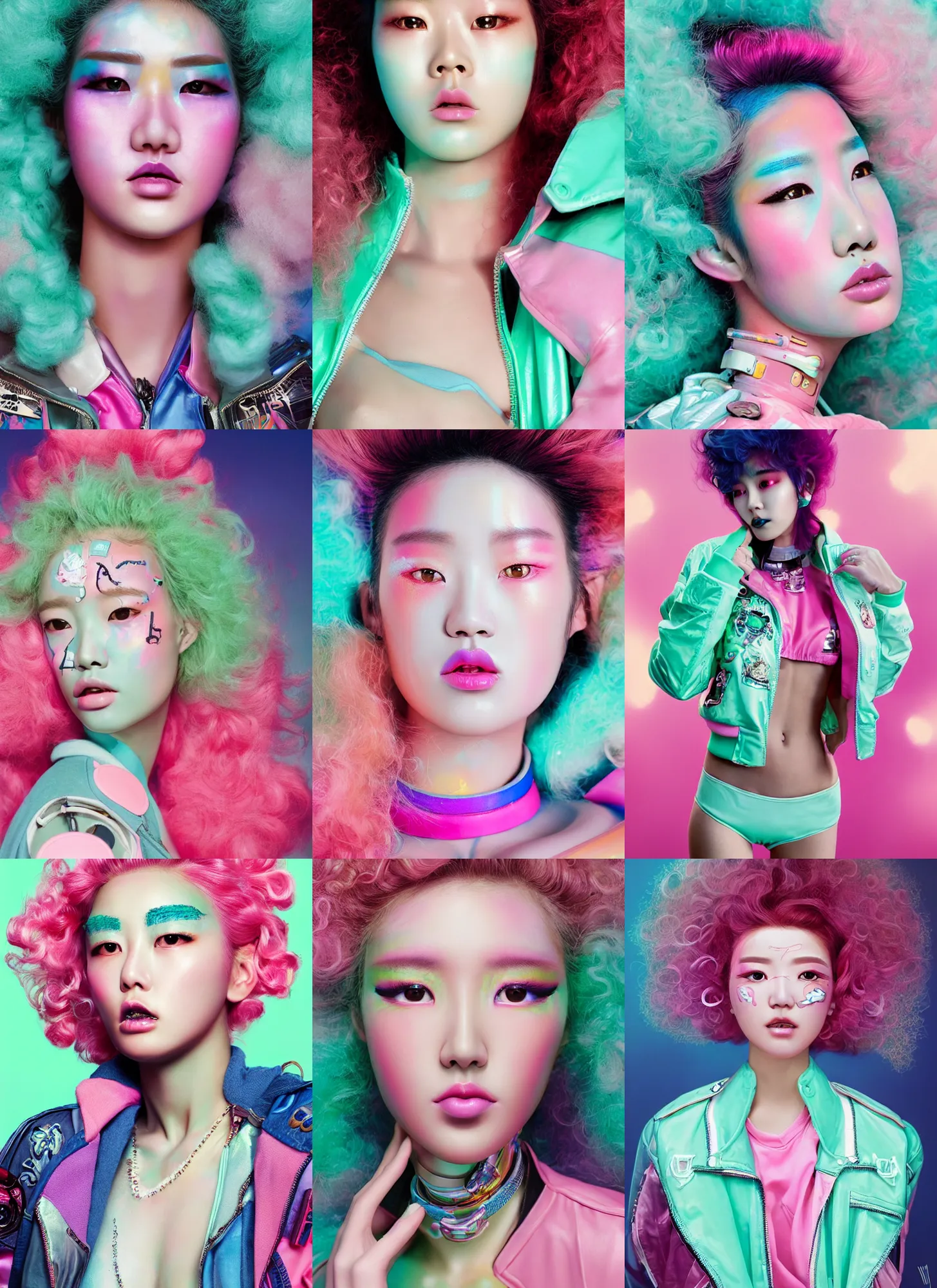 Prompt: gorgeous chromatic korean cyborg portrait with pastel makeup, wearing a mint - color bomber jacket with patches and a pink bikini, curly hair, eighties look, retro, beautiful lights, vintage look, depth of field, hyper realistic, illustration, airbrush, 8 k, intricate, duo tone, art by david la chapelle and philip castle, artgerm