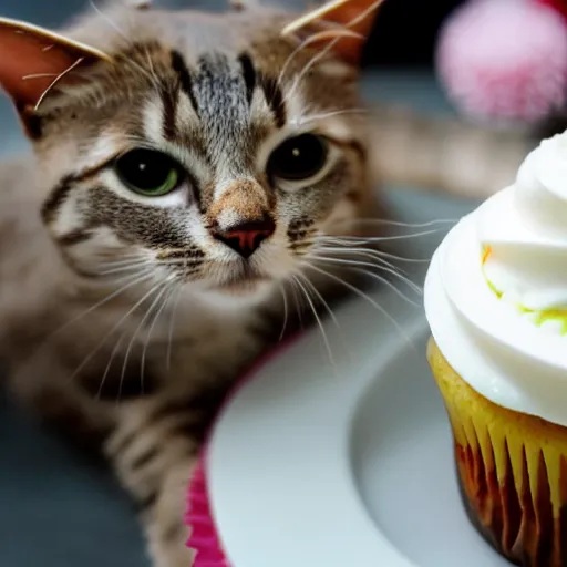 Image similar to a cute cat blowing out a candle on a cupcake