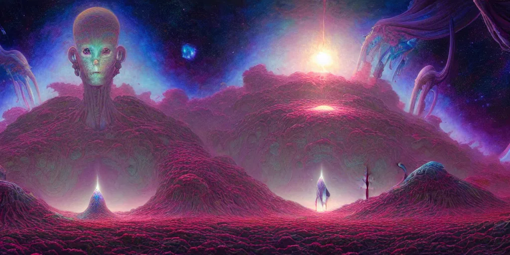 Image similar to of a beautiful digital photorealistic painting of a large alien shrine life and death surrounded by mystic nebula magical rosses by moebius and android jones, oil on canvas sharp, details, hyper - detailed, hd, hdr, 4 k, 8 k