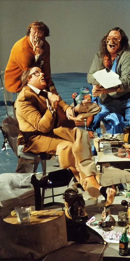 Prompt: matt foley living in a van down by the river playing beer pong with salvador dali in the style of vermeer