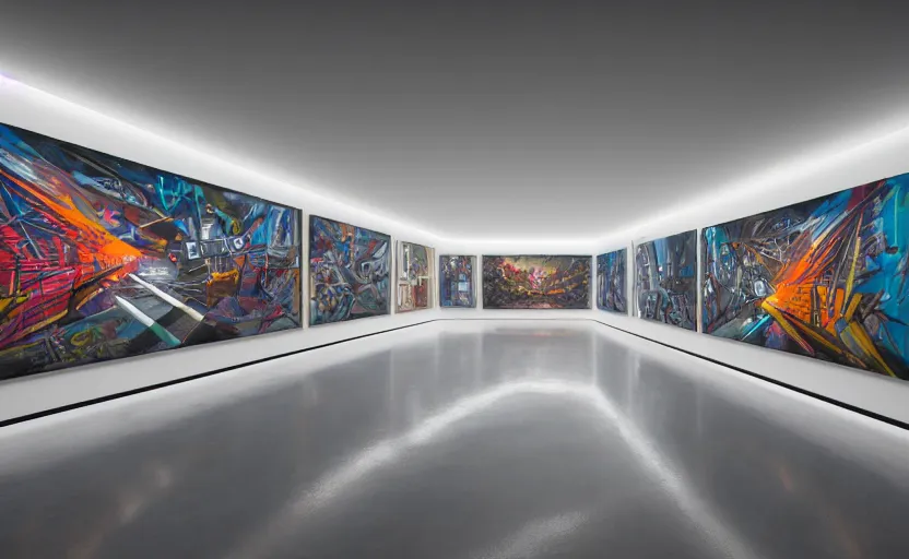 Image similar to interior futuristic art gallery wide angle highly detailed by ricardo boffil, wall hanging paintings of grafitti art by santiago calatrava and wlod, captivating 8 k hdr, octane render godrays