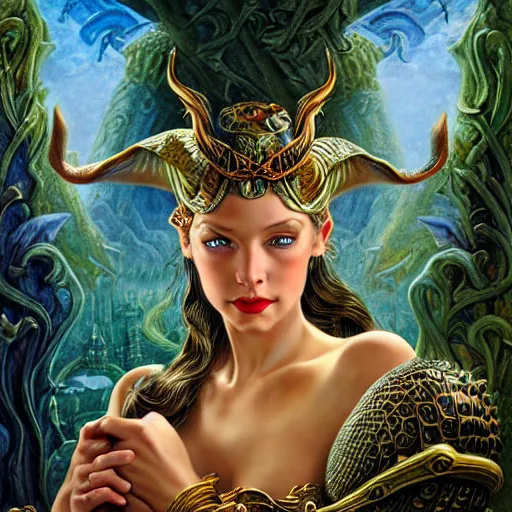 Image similar to Mystical Valkyrie, Portrait of a beautiful female Atlantean Reptilian Warrior, Realistic, Regal, Refined, Detailed Digital Art, Michael Cheval, Walt Disney (1937), François Boucher, Oil Painting, Steampunk, Highly Detailed, Cinematic Lighting, Unreal Engine, 8k, HD