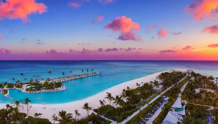 Prompt: miami hotels by leonardo da vinci, unreal engine, digital art, drone photography, sunset, sharp focus, beach, vivid color, clear sky