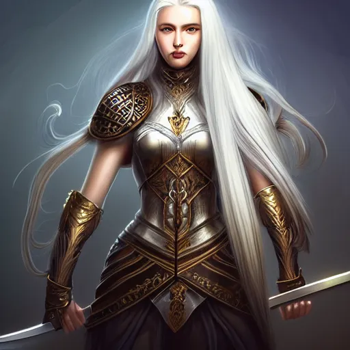 Prompt: portrait digital painting of a woman with flowing luscious glowing white hair standing whilst holding a sword, wearing intricate plate - armor and leather underneath. intricate, elegant, highly detailed, digital painting, artstation, concept art, smooth, sharp focus, illustration, by terry wei, qiu fang, tooth wu, kan liu, siwoo kim, jisu choe