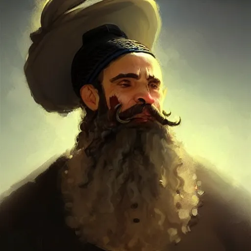 Image similar to a happy merchant jew wearing kippah!!!, rubbing hands!!!, evil, tricky!!, black curly beard, black curly hair, black eyes, hooked nose!, by greg rutkowski, artstation, by artgerm, by wlop