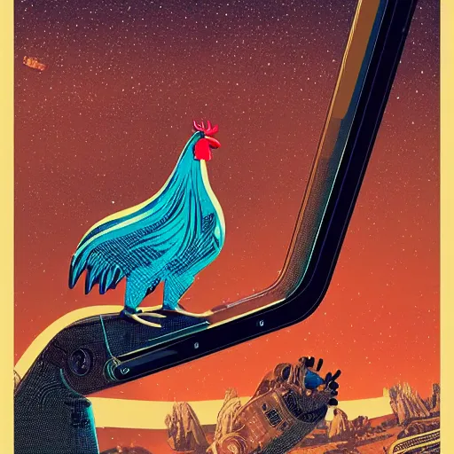 Image similar to a portrait of a robotic rooster wearing a hoodie, science fiction, retro cover, high details, intricate details, by vincent di fate, artgerm julie bell beeple, 60s, inking, vintage 60s print, screen print