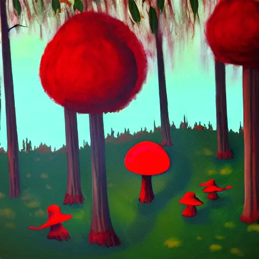 Image similar to glowing giant red mushrooms attacking a goblin in forest, oil painting, soft light, night time