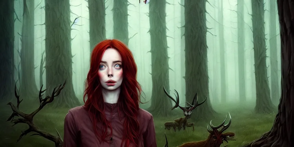 Image similar to surrounded by trees, realistic character concept, gorgeous Kacey Rohl, red hair, small freckles, symmetrical face, symmetrical eyes, full body, covered in blood, dark forest, trees, shorter neck, cinematic lighting, Joshua Middleton and artgerm, Wendigo lurking in the background, fear anxiety terror