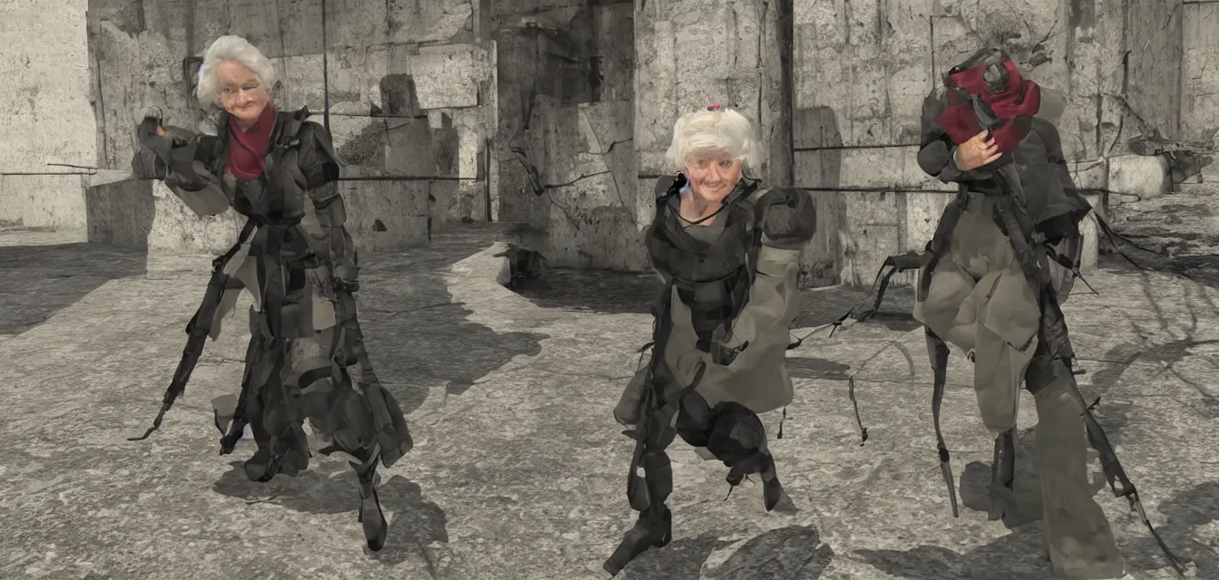 Prompt: beautiful old grandma sneaking through shadow moses island in the style of metal gear solid