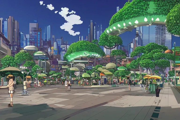 Prompt: an optimistic futuristic west australian city street with a pop cannabis leaf motif, by studio ghibli