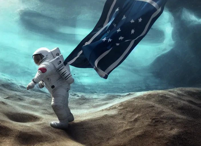 Image similar to astronaut underwater putting a flag in the sand of the bottom of the ocean. there is a futuristic submarine in the background. dark, concept art, cinematic, dramatic, atmospheric, 8 k, trending on artstation, low visibility, zack snyder