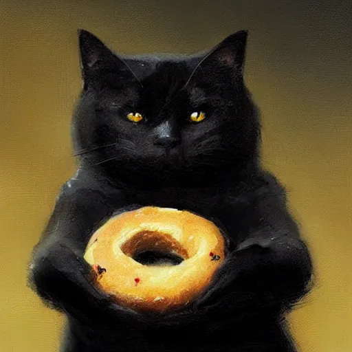 Image similar to a black fat cat holding a bagel!, art by greg rutkowski