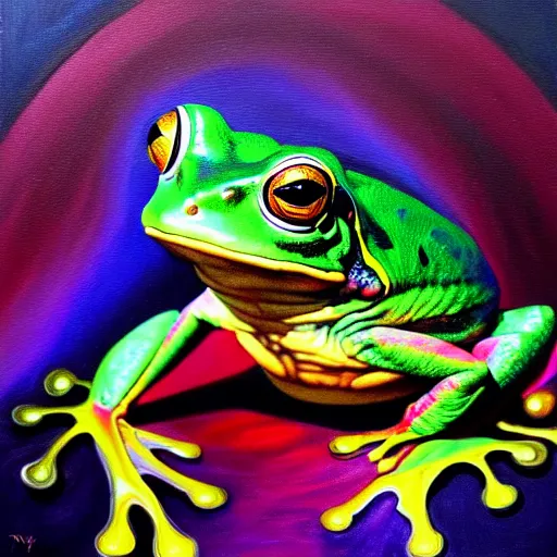 Image similar to vr painting of abstract surrealist frog by yvonne mcgillivray by mandy jurgens by michael divine, powerful eyes glowing highly detailed painting, spiritual abstract forms, symmetrical, trending on art station, abstract emotional, very beautiful, fantasy digital art, highly detailed patterned visionary art, magic symbols, by michael divine, cosmic nebula, black gold color scheme