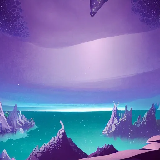 Image similar to sea under starry sky with reefs, light purple tones, animated film, stylised, illustration,, fantasy art, 2 d game art, by eyvind earle, scott wills, genndy tartakovski, roman shipunov, etienne hebinger, atey ghailan, cgsociety, cynical realism