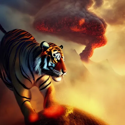 Prompt: tiger running away from an erupting volcano, whimsical, fantasy, elegant, digital painting, artstation, unreal engine, octane render, concept art, matte, sharp focus, vibrant colors, high contrast, illustration, art by justin gerard