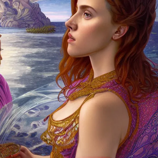 Prompt: a highly detailed byzantine painting of scarlett johansson and emma watson as red haired queens walking through a waterfall in a gossamer purple dress, epic fantasy, stormy night, viewed in profile from far away, ultrawide lens, art by artgerm and greg rutkowski and alphonse mucha, volumetric lighting, 4 k resolution, trending on artstation, masterpiece