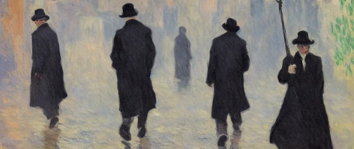 Image similar to a single!!!!!!! drunk and depressed film noir detective in a trench-coat, walking along a street; a painting by Claude Monet