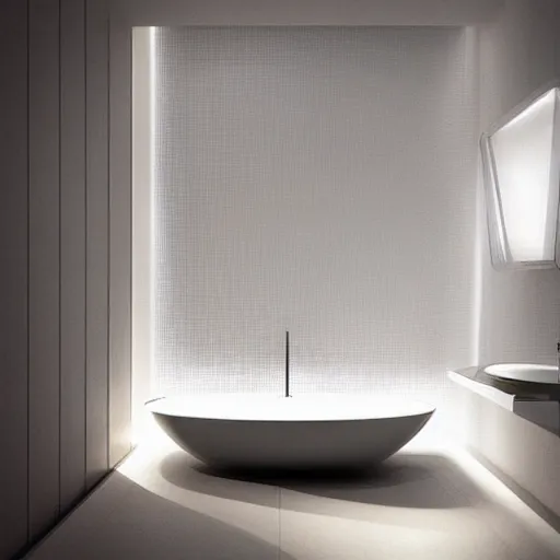 Prompt: “Interior design of a futuristic bathroom with sleek white lines and warm ambient lighting”