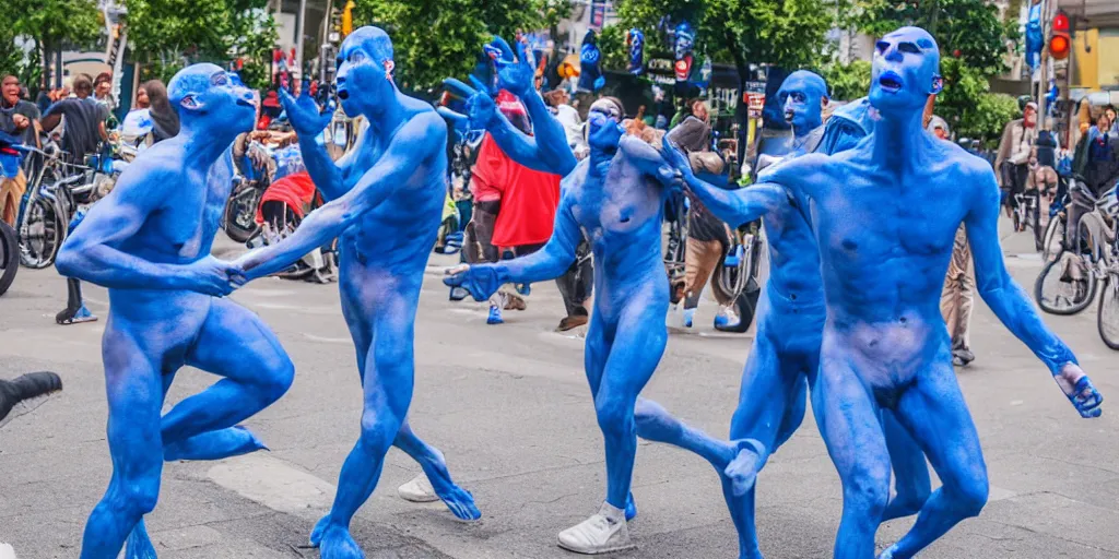 Image similar to cyclops coneheads blue men group street performers, detailed facial expressions