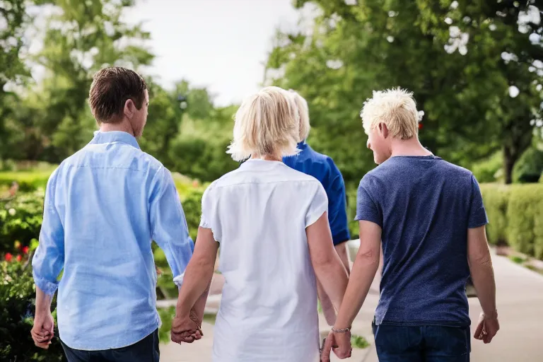 Image similar to 3 5 year old blonde female president, walking in the white house rose garden, holding hands with her two younger boyfriends, professional photo, dslr, bokeh